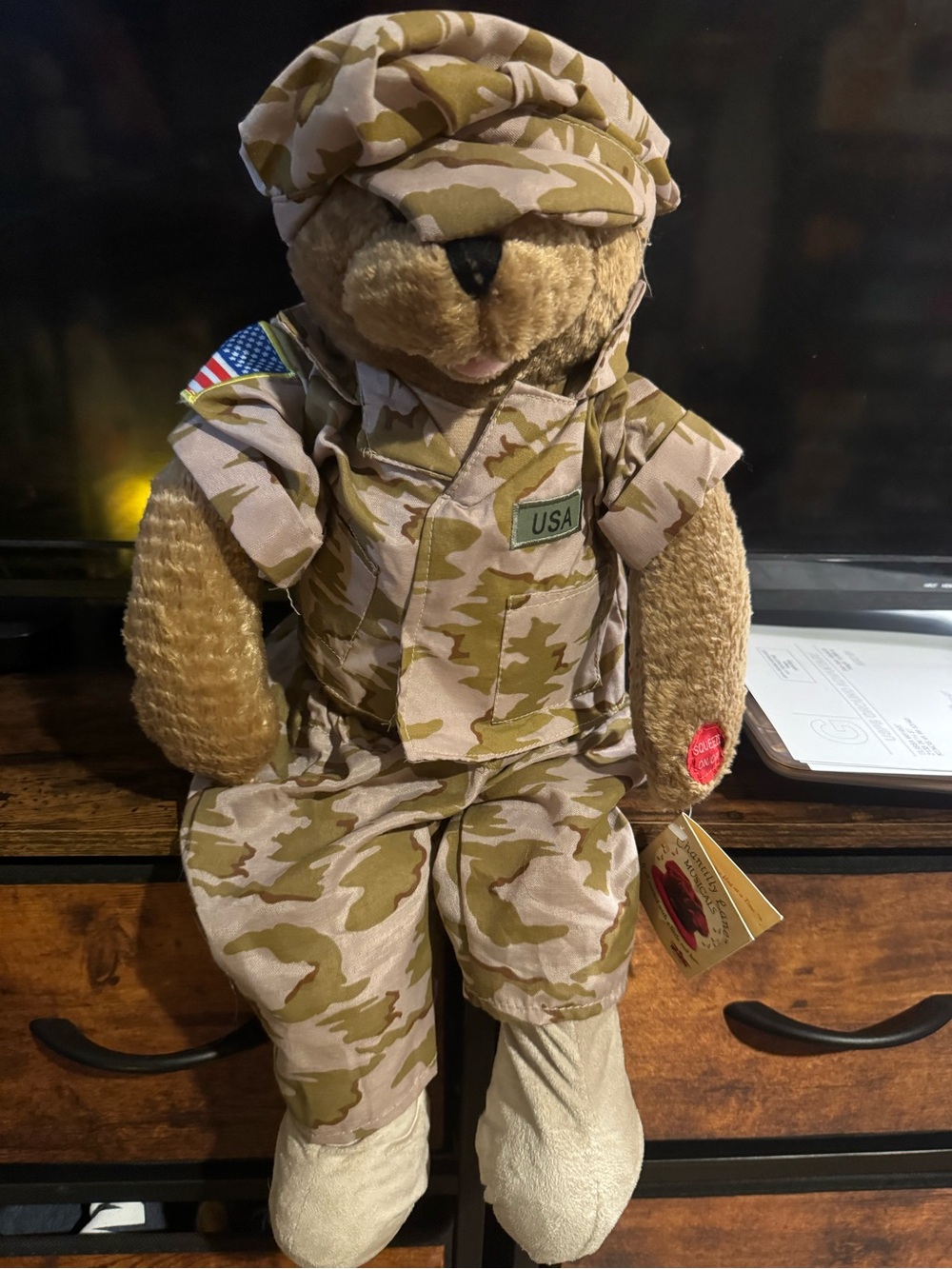 Chantilly Lane Musical Plush Military Bear in Desert Camo Outfit - Tan & Beige